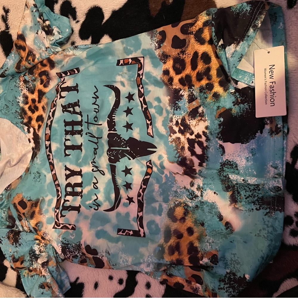 Blue and Brown Short Sleeve Tee with Animal Print